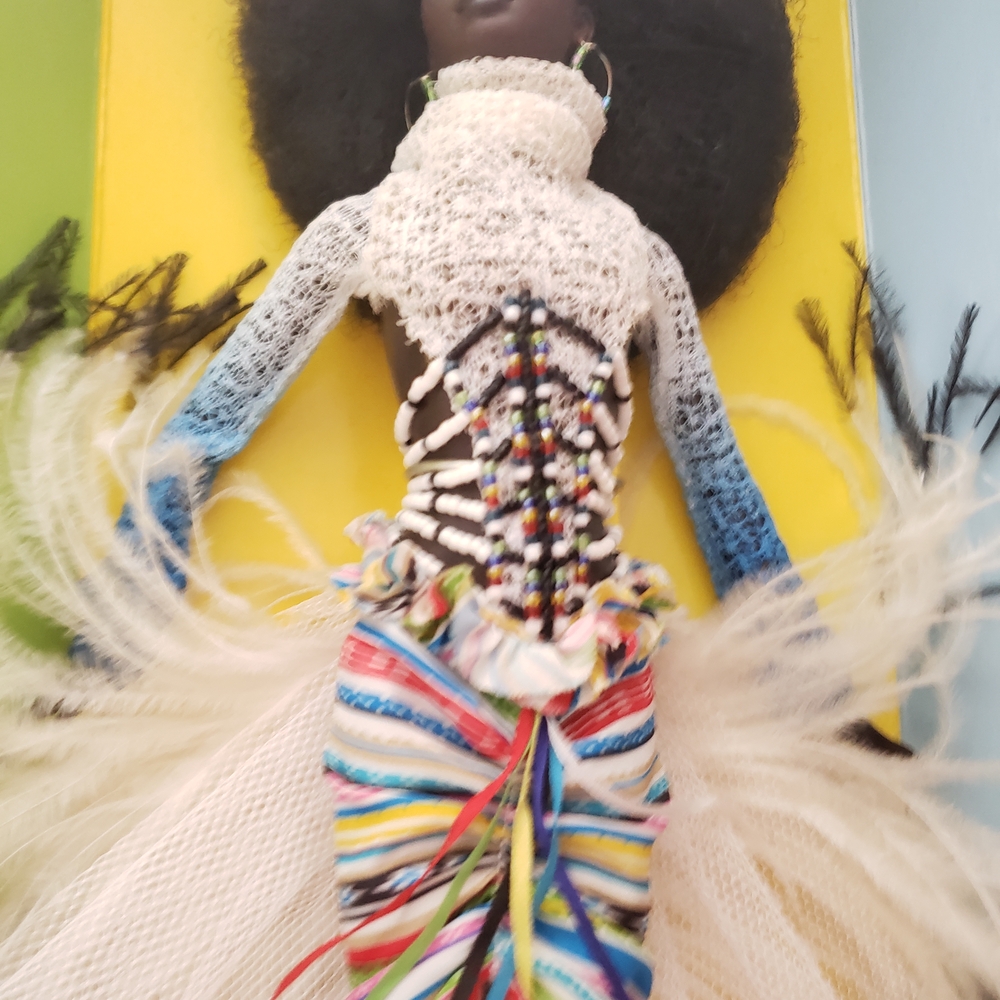 Colorful Vintage Matel Barbie Doll with Lace and Feathers